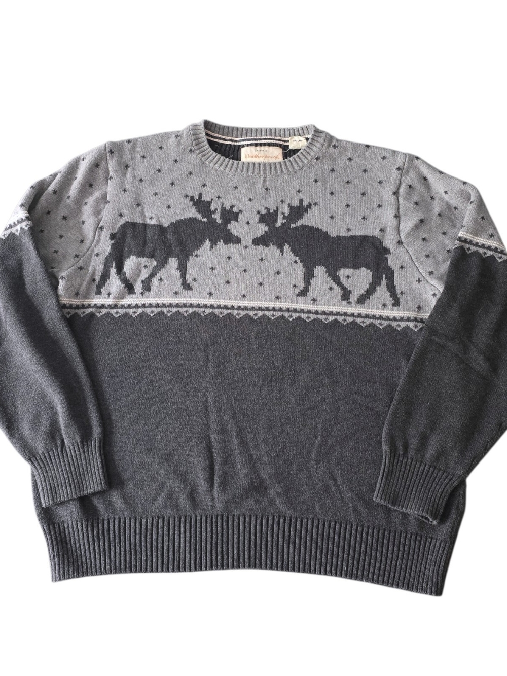 Weatherproof Vintage Mens Large Grey Moose Knit Cotton Crewneck Sweater